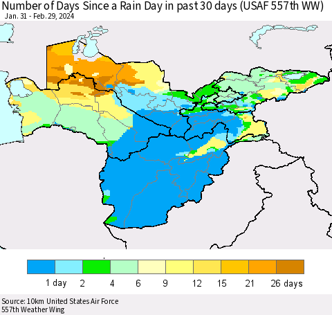 Central Asia Number of Days Since a Rain Day in past 30 days (USAF 557th WW) Thematic Map For 2/26/2024 - 2/29/2024