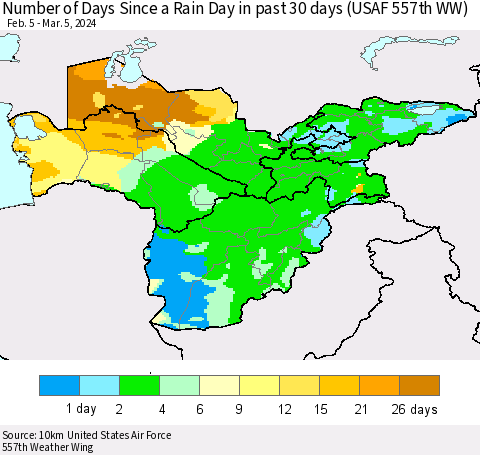 Central Asia Number of Days Since a Rain Day in past 30 days (USAF 557th WW) Thematic Map For 3/1/2024 - 3/5/2024