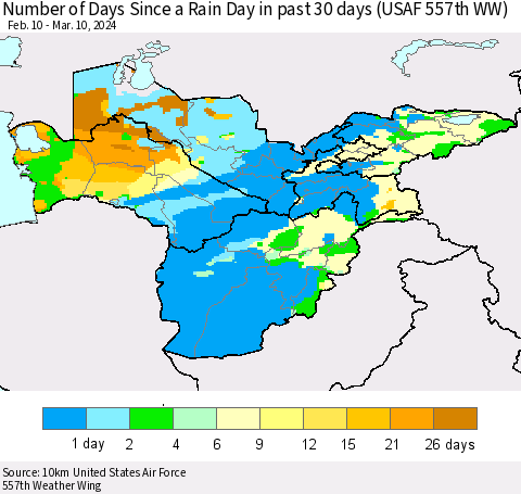 Central Asia Number of Days Since a Rain Day in past 30 days (USAF 557th WW) Thematic Map For 3/6/2024 - 3/10/2024