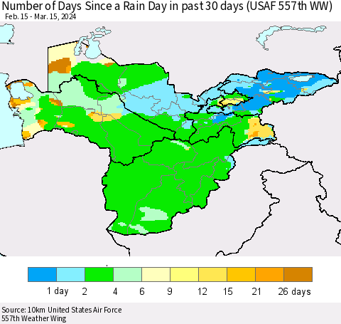 Central Asia Number of Days Since a Rain Day in past 30 days (USAF 557th WW) Thematic Map For 3/11/2024 - 3/15/2024