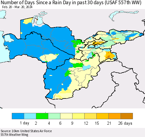 Central Asia Number of Days Since a Rain Day in past 30 days (USAF 557th WW) Thematic Map For 3/16/2024 - 3/20/2024