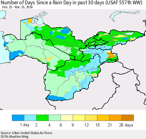 Central Asia Number of Days Since a Rain Day in past 30 days (USAF 557th WW) Thematic Map For 3/21/2024 - 3/25/2024