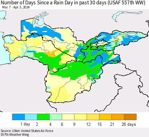 Central Asia Number of Days Since a Rain Day in past 30 days (USAF 557th WW) Thematic Map For 4/1/2024 - 4/5/2024