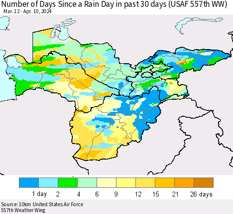 Central Asia Number of Days Since a Rain Day in past 30 days (USAF 557th WW) Thematic Map For 4/6/2024 - 4/10/2024
