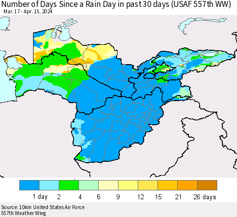 Central Asia Number of Days Since a Rain Day in past 30 days (USAF 557th WW) Thematic Map For 4/11/2024 - 4/15/2024