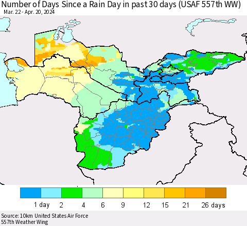 Central Asia Number of Days Since a Rain Day in past 30 days (USAF 557th WW) Thematic Map For 4/16/2024 - 4/20/2024