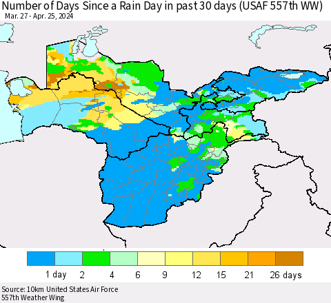 Central Asia Number of Days Since a Rain Day in past 30 days (USAF 557th WW) Thematic Map For 4/21/2024 - 4/25/2024