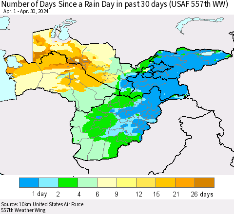 Central Asia Number of Days Since a Rain Day in past 30 days (USAF 557th WW) Thematic Map For 4/26/2024 - 4/30/2024