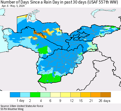 Central Asia Number of Days Since a Rain Day in past 30 days (USAF 557th WW) Thematic Map For 5/1/2024 - 5/5/2024