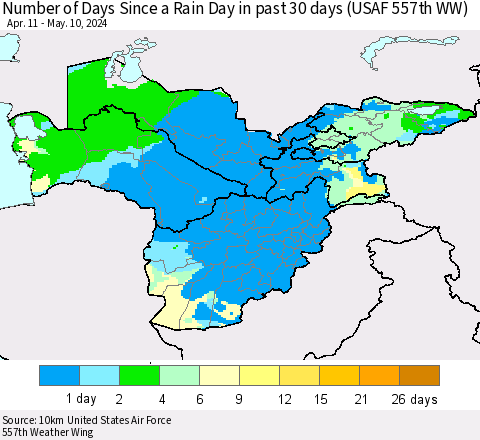 Central Asia Number of Days Since a Rain Day in past 30 days (USAF 557th WW) Thematic Map For 5/6/2024 - 5/10/2024