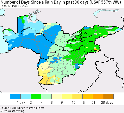 Central Asia Number of Days Since a Rain Day in past 30 days (USAF 557th WW) Thematic Map For 5/11/2024 - 5/15/2024