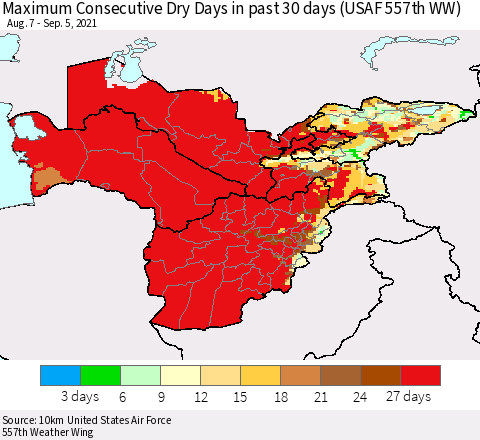 Central Asia Maximum Consecutive Dry Days in past 30 days (USAF 557th WW) 09/05/2021 Thematic Map For 9/1/2021 - 9/5/2021