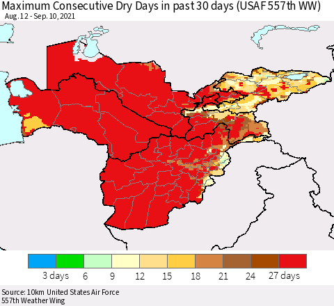 Central Asia Maximum Consecutive Dry Days in past 30 days (USAF 557th WW) 09/10/2021 Thematic Map For 9/6/2021 - 9/10/2021