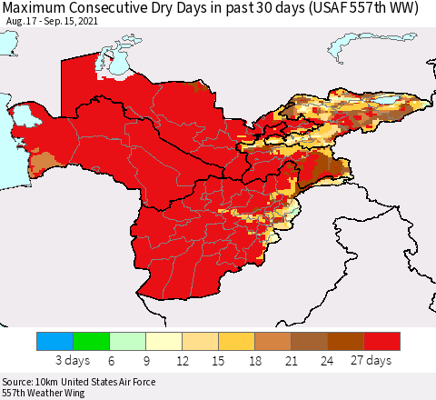 Central Asia Maximum Consecutive Dry Days in past 30 days (USAF 557th WW) 09/15/2021 Thematic Map For 9/11/2021 - 9/15/2021