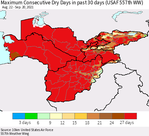 Central Asia Maximum Consecutive Dry Days in past 30 days (USAF 557th WW) 09/20/2021 Thematic Map For 9/16/2021 - 9/20/2021