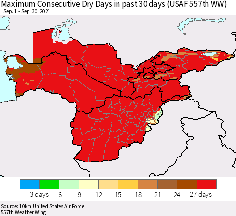 Central Asia Maximum Consecutive Dry Days in past 30 days (USAF 557th WW) 09/30/2021 Thematic Map For 9/26/2021 - 9/30/2021