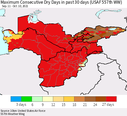 Central Asia Maximum Consecutive Dry Days in past 30 days (USAF 557th WW) 10/10/2021 Thematic Map For 10/6/2021 - 10/10/2021