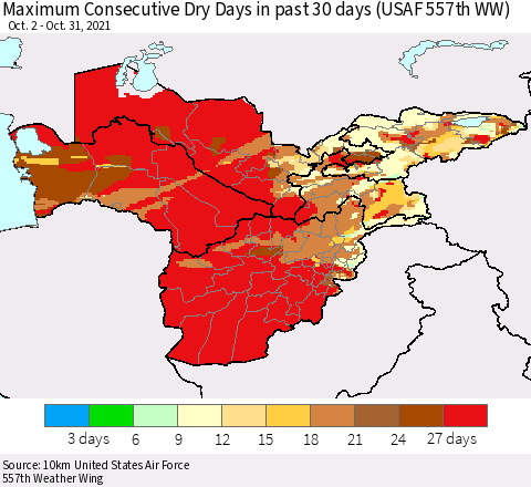 Central Asia Maximum Consecutive Dry Days in past 30 days (USAF 557th WW) 10/31/2021 Thematic Map For 10/26/2021 - 10/31/2021