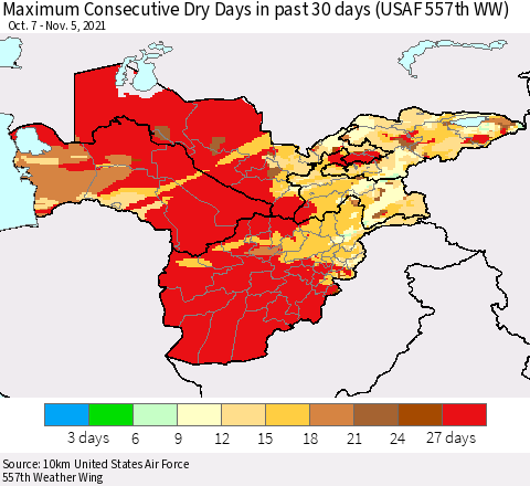Central Asia Maximum Consecutive Dry Days in past 30 days (USAF 557th WW) 11/05/2021 Thematic Map For 11/1/2021 - 11/5/2021