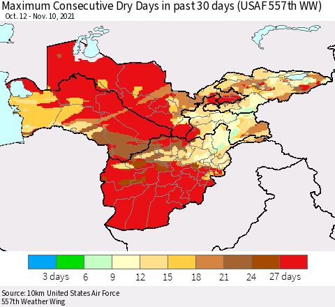 Central Asia Maximum Consecutive Dry Days in past 30 days (USAF 557th WW) 11/10/2021 Thematic Map For 11/6/2021 - 11/10/2021