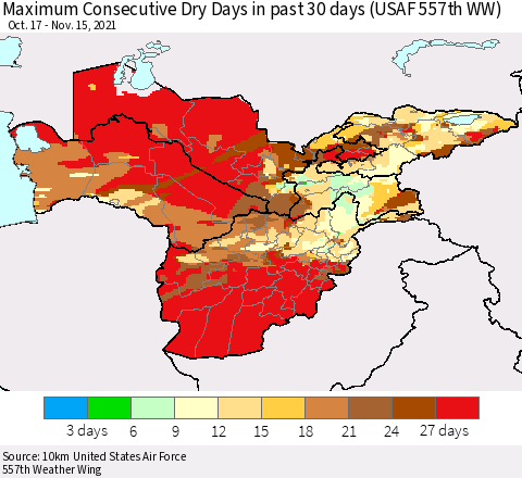 Central Asia Maximum Consecutive Dry Days in past 30 days (USAF 557th WW) 11/15/2021 Thematic Map For 11/11/2021 - 11/15/2021