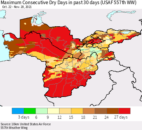 Central Asia Maximum Consecutive Dry Days in past 30 days (USAF 557th WW) 11/20/2021 Thematic Map For 11/16/2021 - 11/20/2021