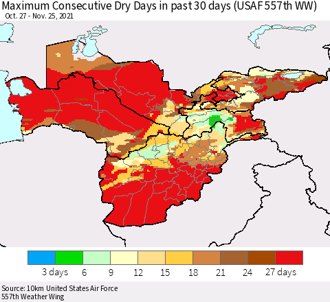 Central Asia Maximum Consecutive Dry Days in past 30 days (USAF 557th WW) 11/25/2021 Thematic Map For 11/21/2021 - 11/25/2021