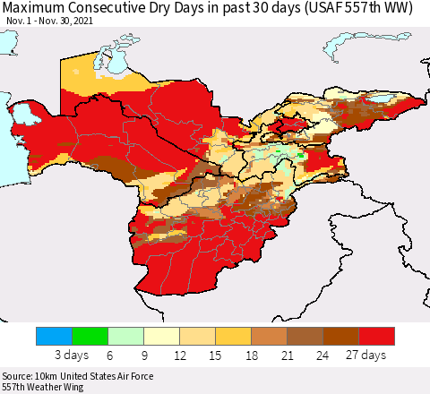 Central Asia Maximum Consecutive Dry Days in past 30 days (USAF 557th WW) 11/30/2021 Thematic Map For 11/26/2021 - 11/30/2021