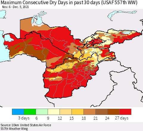 Central Asia Maximum Consecutive Dry Days in past 30 days (USAF 557th WW) 12/05/2021 Thematic Map For 12/1/2021 - 12/5/2021