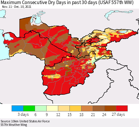 Central Asia Maximum Consecutive Dry Days in past 30 days (USAF 557th WW) 12/10/2021 Thematic Map For 12/6/2021 - 12/10/2021