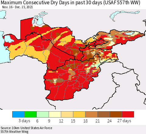 Central Asia Maximum Consecutive Dry Days in past 30 days (USAF 557th WW) 12/15/2021 Thematic Map For 12/11/2021 - 12/15/2021