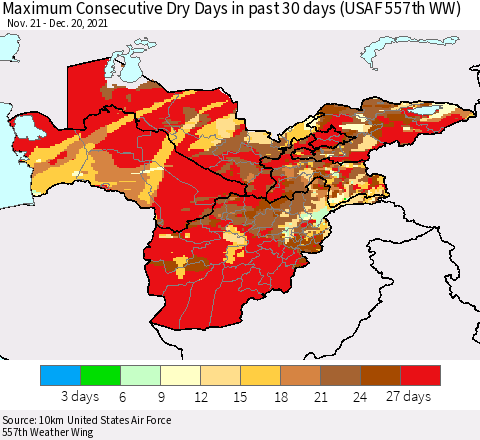 Central Asia Maximum Consecutive Dry Days in past 30 days (USAF 557th WW) 12/20/2021 Thematic Map For 12/16/2021 - 12/20/2021