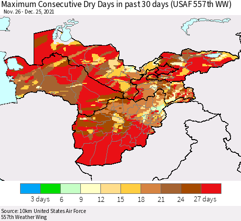 Central Asia Maximum Consecutive Dry Days in past 30 days (USAF 557th WW) 12/25/2021 Thematic Map For 12/21/2021 - 12/25/2021