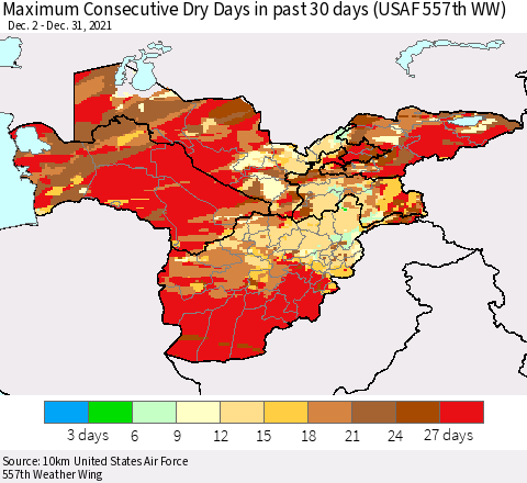 Central Asia Maximum Consecutive Dry Days in past 30 days (USAF 557th WW) 12/31/2021 Thematic Map For 12/26/2021 - 12/31/2021