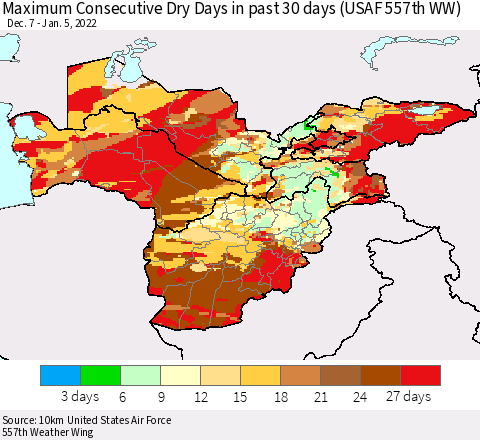 Central Asia Maximum Consecutive Dry Days in past 30 days (USAF 557th WW) 01/05/2022 Thematic Map For 1/1/2022 - 1/5/2022