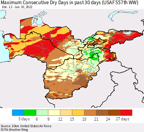 Central Asia Maximum Consecutive Dry Days in past 30 days (USAF 557th WW) 01/10/2022 Thematic Map For 1/6/2022 - 1/10/2022