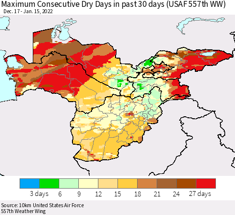 Central Asia Maximum Consecutive Dry Days in past 30 days (USAF 557th WW) 01/15/2022 Thematic Map For 1/11/2022 - 1/15/2022