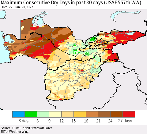 Central Asia Maximum Consecutive Dry Days in past 30 days (USAF 557th WW) 01/20/2022 Thematic Map For 1/16/2022 - 1/20/2022