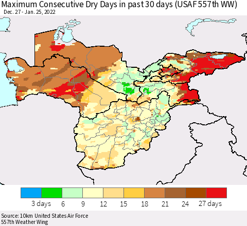 Central Asia Maximum Consecutive Dry Days in past 30 days (USAF 557th WW) 01/25/2022 Thematic Map For 1/21/2022 - 1/25/2022
