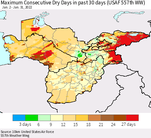 Central Asia Maximum Consecutive Dry Days in past 30 days (USAF 557th WW) 01/31/2022 Thematic Map For 1/26/2022 - 1/31/2022