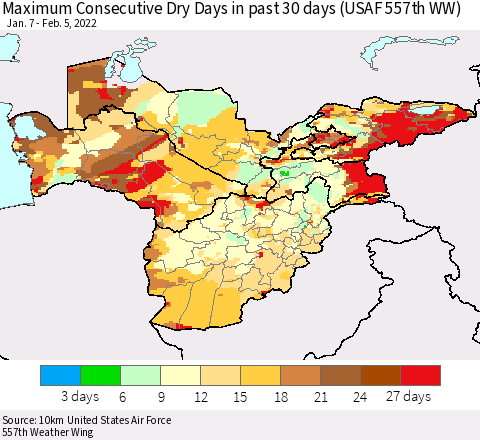 Central Asia Maximum Consecutive Dry Days in past 30 days (USAF 557th WW) 02/05/2022 Thematic Map For 2/1/2022 - 2/5/2022