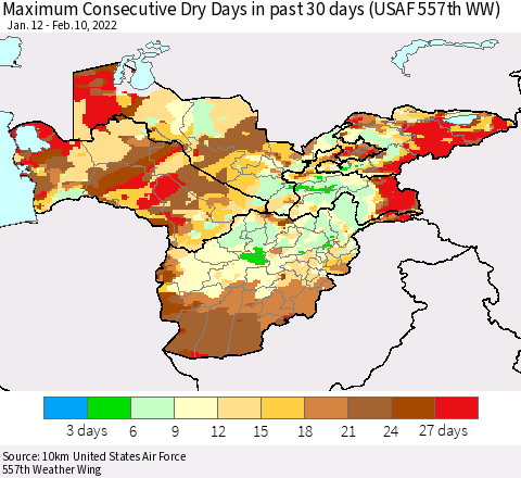 Central Asia Maximum Consecutive Dry Days in past 30 days (USAF 557th WW) 02/10/2022 Thematic Map For 2/6/2022 - 2/10/2022