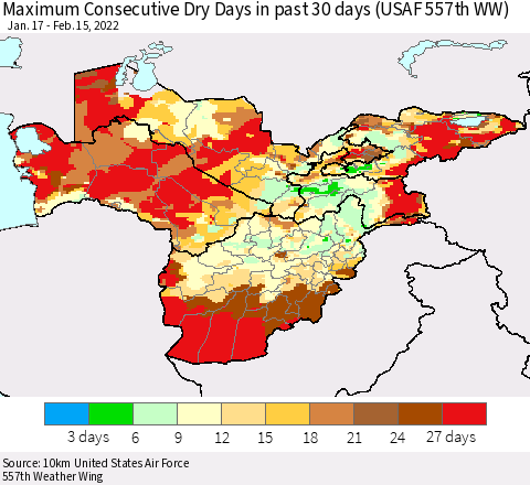 Central Asia Maximum Consecutive Dry Days in past 30 days (USAF 557th WW) 02/15/2022 Thematic Map For 2/11/2022 - 2/15/2022