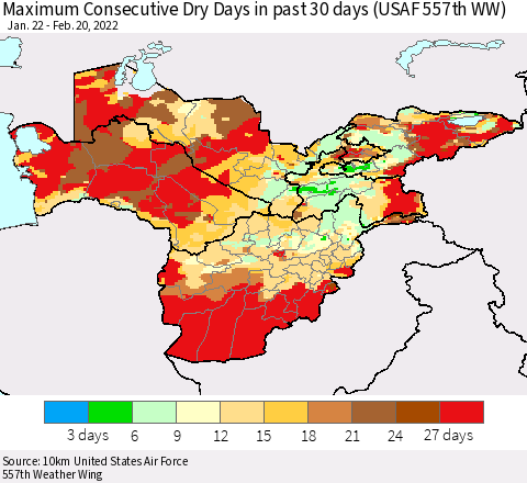 Central Asia Maximum Consecutive Dry Days in past 30 days (USAF 557th WW) 02/20/2022 Thematic Map For 2/16/2022 - 2/20/2022