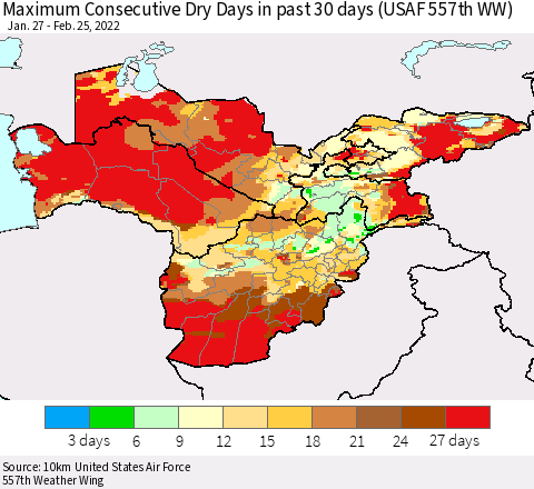 Central Asia Maximum Consecutive Dry Days in past 30 days (USAF 557th WW) 02/25/2022 Thematic Map For 2/21/2022 - 2/25/2022