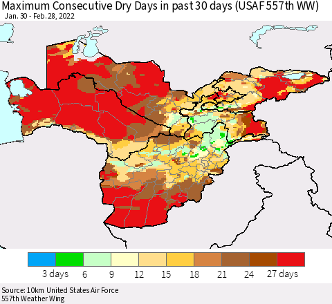 Central Asia Maximum Consecutive Dry Days in past 30 days (USAF 557th WW) 02/28/2022 Thematic Map For 2/26/2022 - 2/28/2022