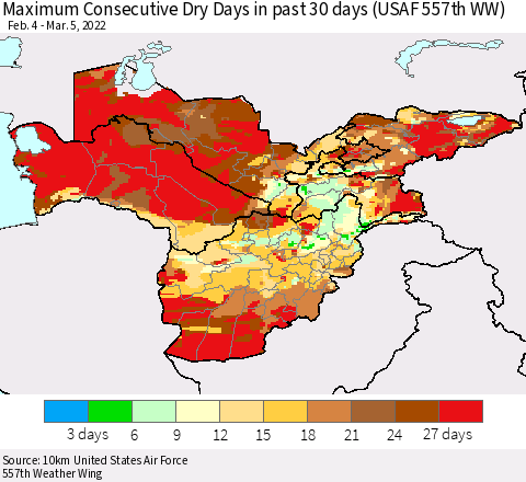 Central Asia Maximum Consecutive Dry Days in past 30 days (USAF 557th WW) 03/05/2022 Thematic Map For 3/1/2022 - 3/5/2022