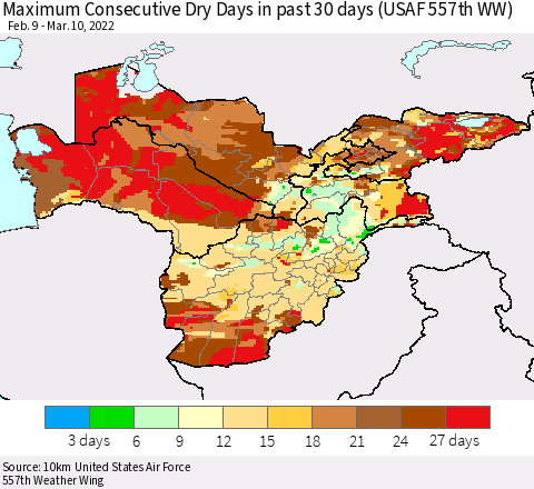 Central Asia Maximum Consecutive Dry Days in past 30 days (USAF 557th WW) 03/10/2022 Thematic Map For 3/6/2022 - 3/10/2022