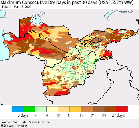 Central Asia Maximum Consecutive Dry Days in past 30 days (USAF 557th WW) 03/15/2022 Thematic Map For 3/11/2022 - 3/15/2022