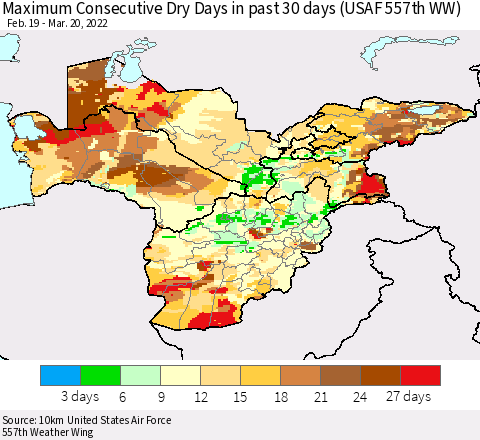 Central Asia Maximum Consecutive Dry Days in past 30 days (USAF 557th WW) 03/20/2022 Thematic Map For 3/16/2022 - 3/20/2022